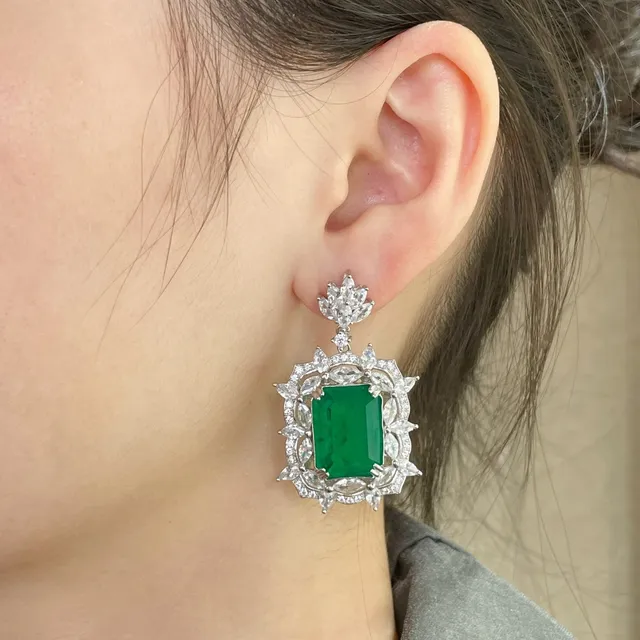 Green Silver Emerald-Cut Center Stone Marquise Halo Earrings 2