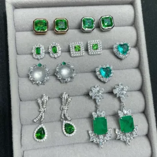 Green Silver Gemstone Pavé-Set Clear Stones Earrings
