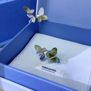 HEFANG Butterfly Motif Translucent Green Stone Silver-Tone Ring