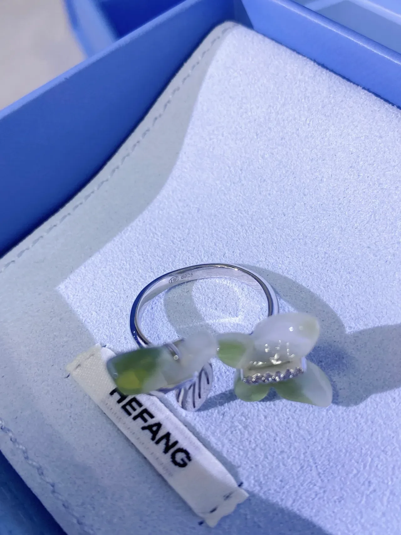 HEFANG Butterfly Motif Translucent Green Stone Silver-Tone Ring 9