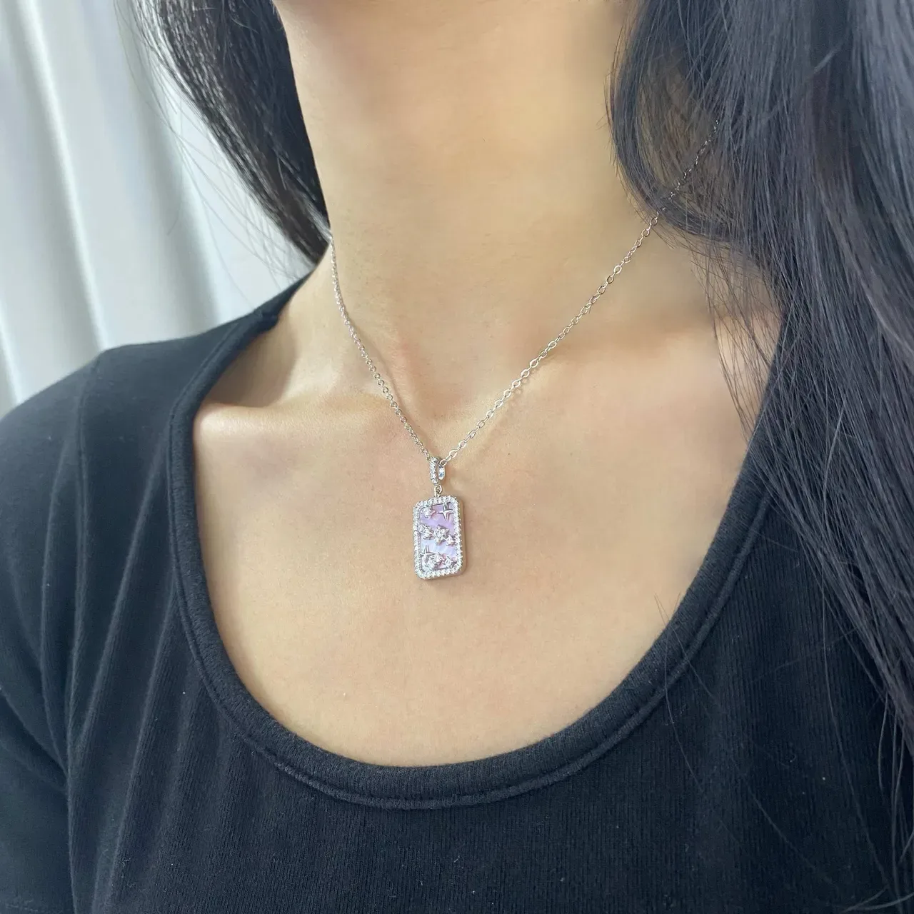 HEFANG Pink Enamel Star Motif Rectangular Pendant Necklace 2