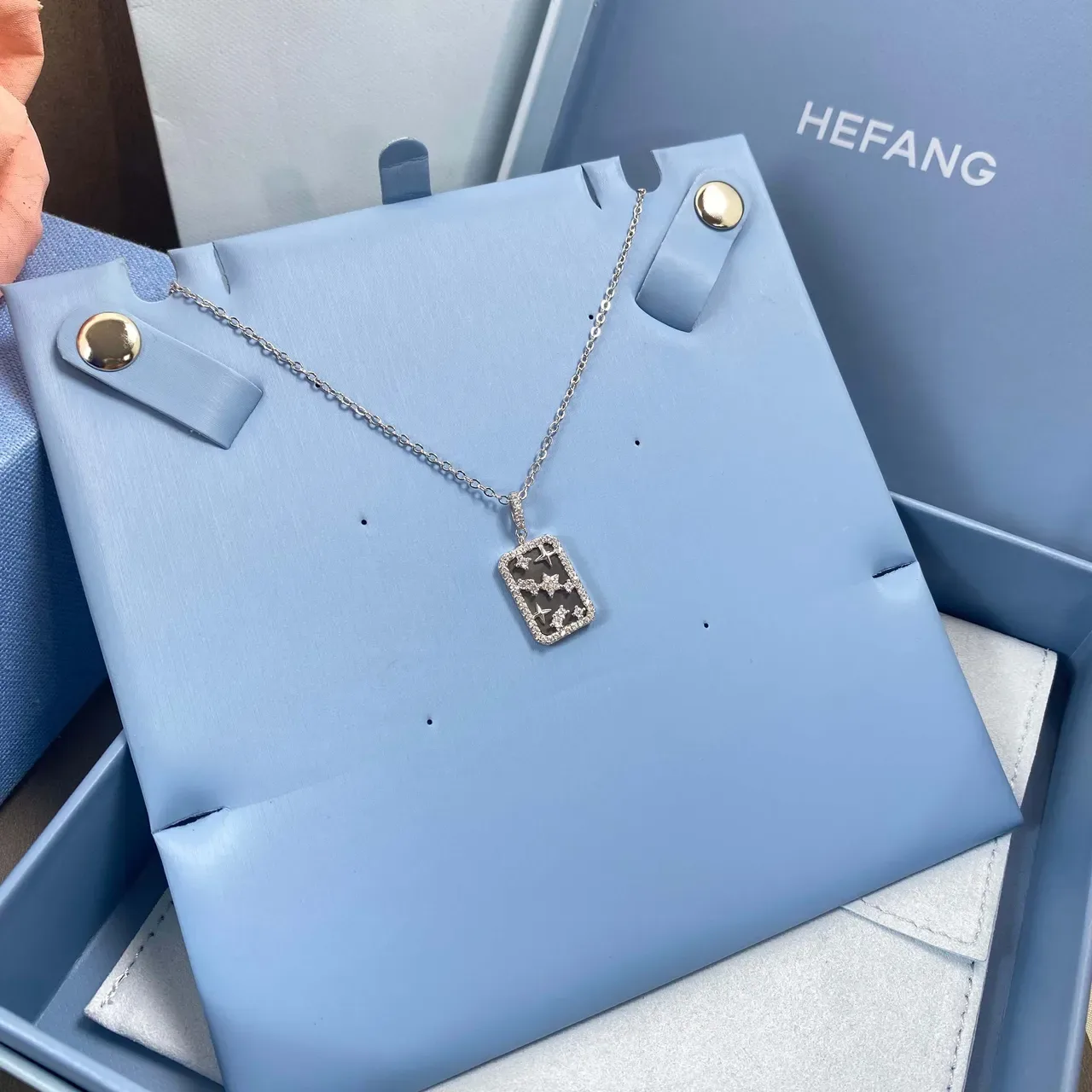 HEFANG Pink Enamel Star Motif Rectangular Pendant Necklace 4