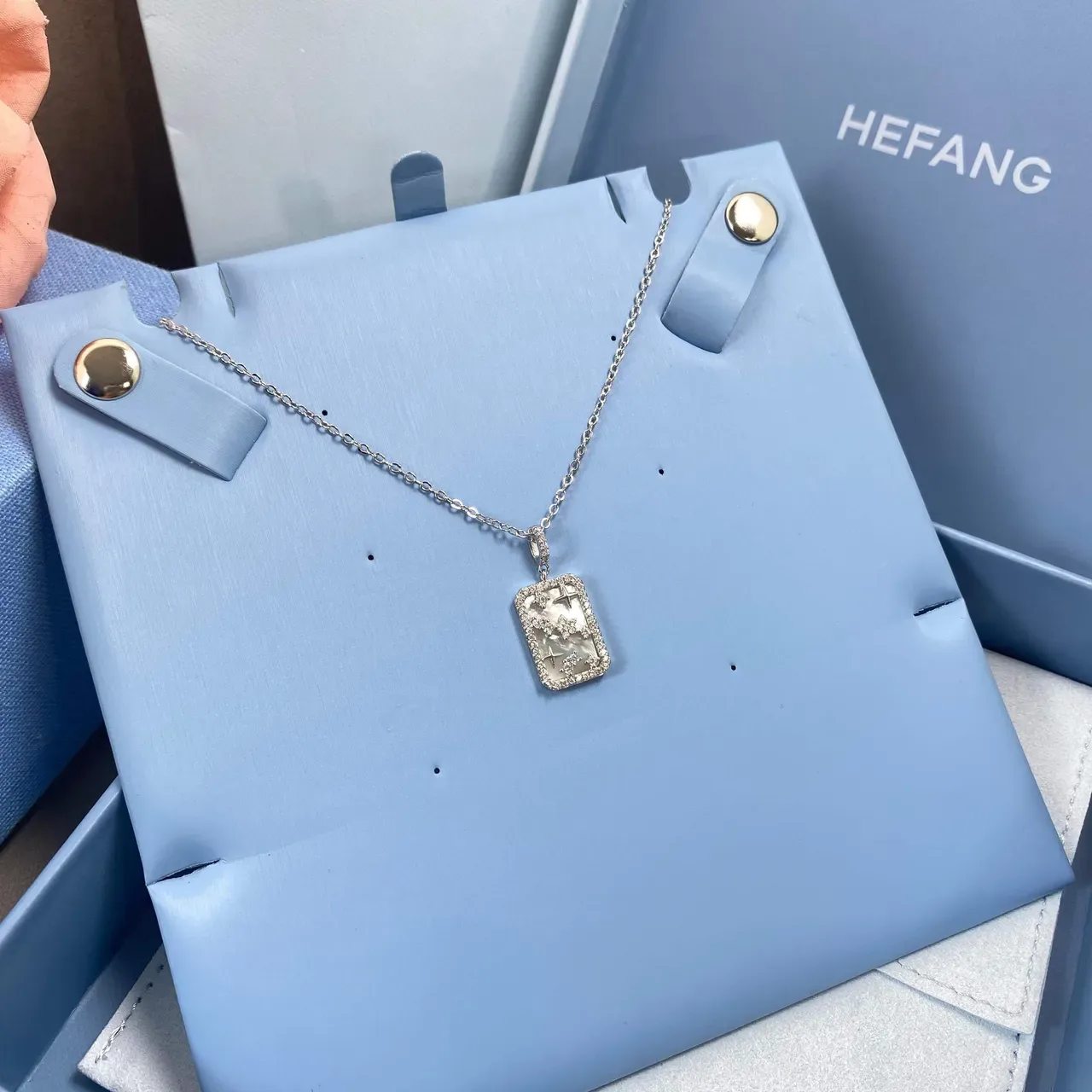 HEFANG Pink Enamel Star Motif Rectangular Pendant Necklace 5