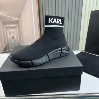 KARL Black White Sock-Fit Knit Logo Ankle Cuff Lifestyle Sneakers