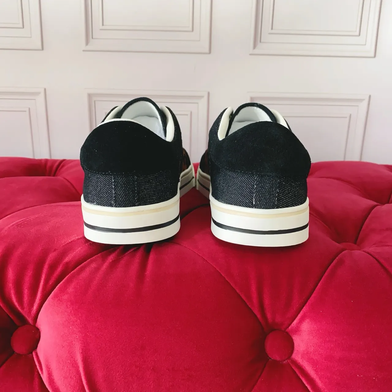 Leopard-Print Black Suede and Denim-Textured Low-Top Lifestyle Sneakers 2