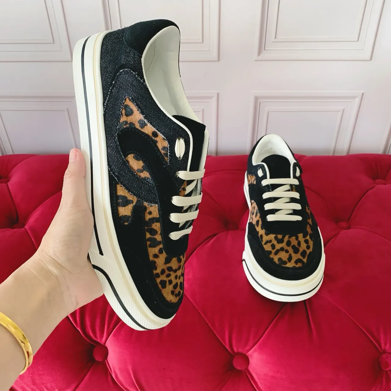 Leopard-Print Black Suede and Denim-Textured Low-Top Lifestyle Sneakers 4
