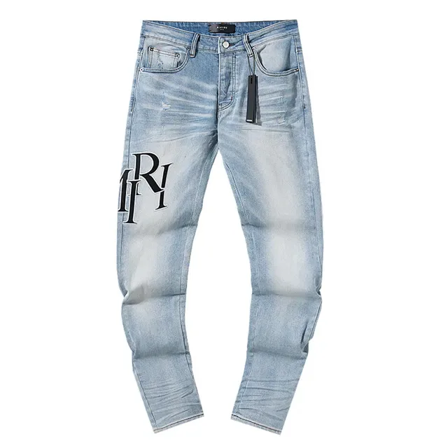 Light-Wash Distressed Slim-Fit Graphic Print Jeans 2