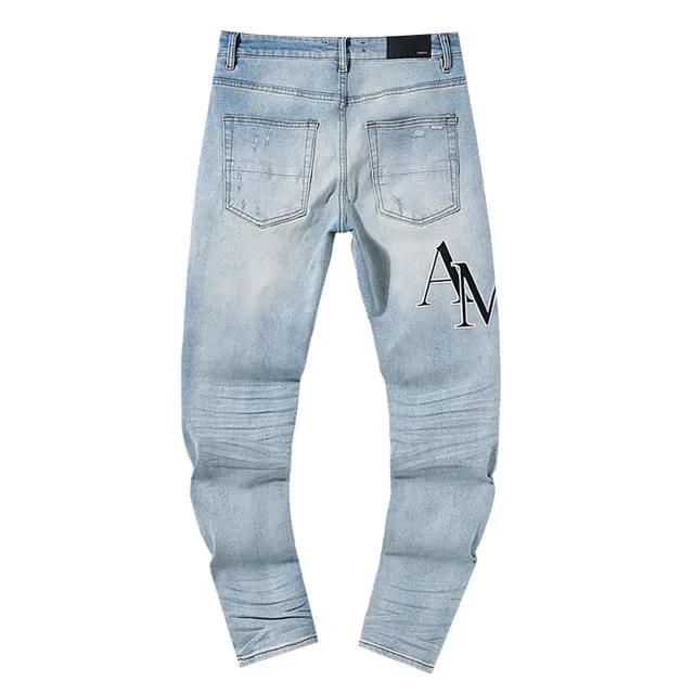 Light-Wash Distressed Slim-Fit Graphic Print Jeans 3
