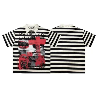 MAJESTIK Striped Graphic-Print Studded Collar Zip-Front Polo Shirt