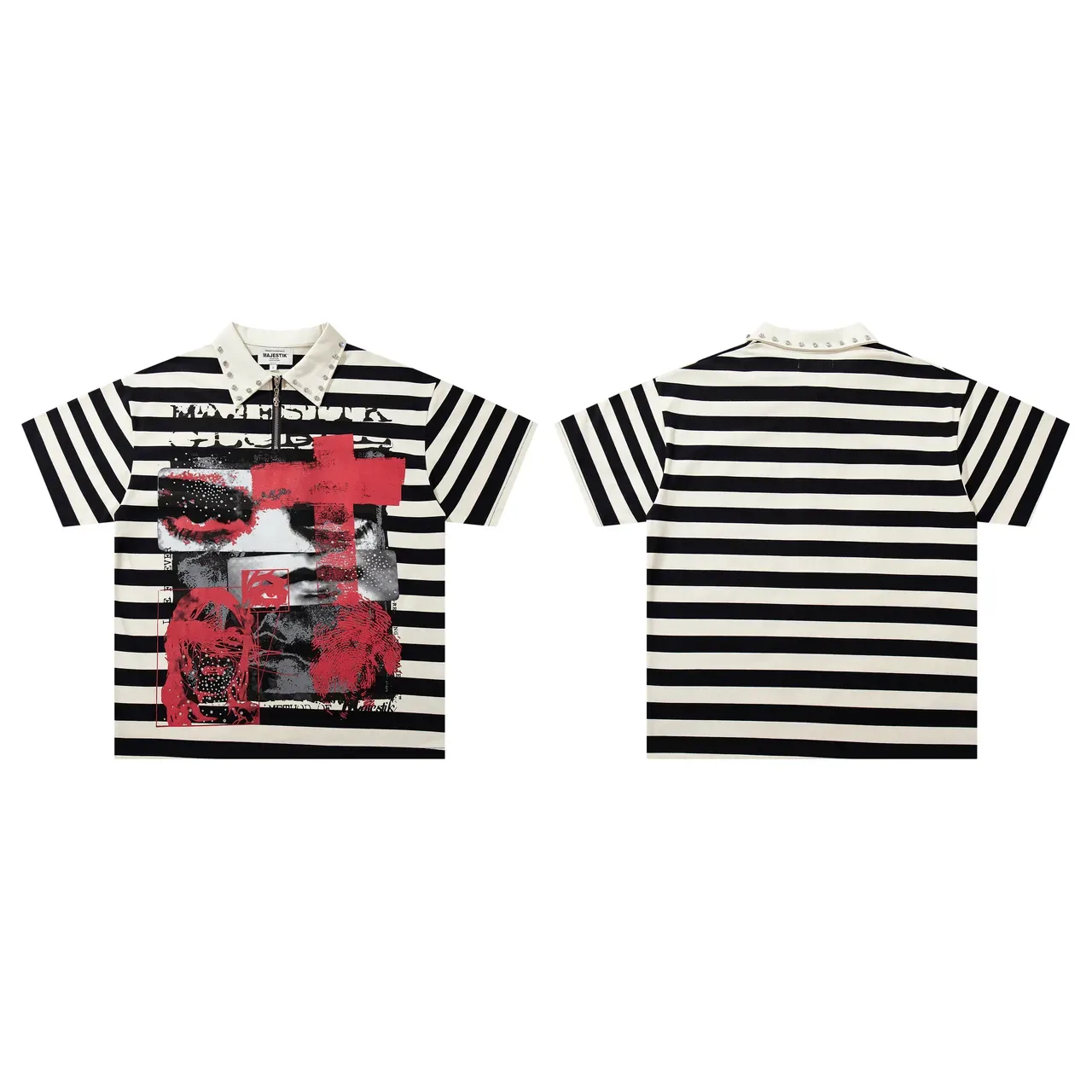 MAJESTIK Striped Graphic-Print Studded Collar Zip-Front Polo Shirt 2