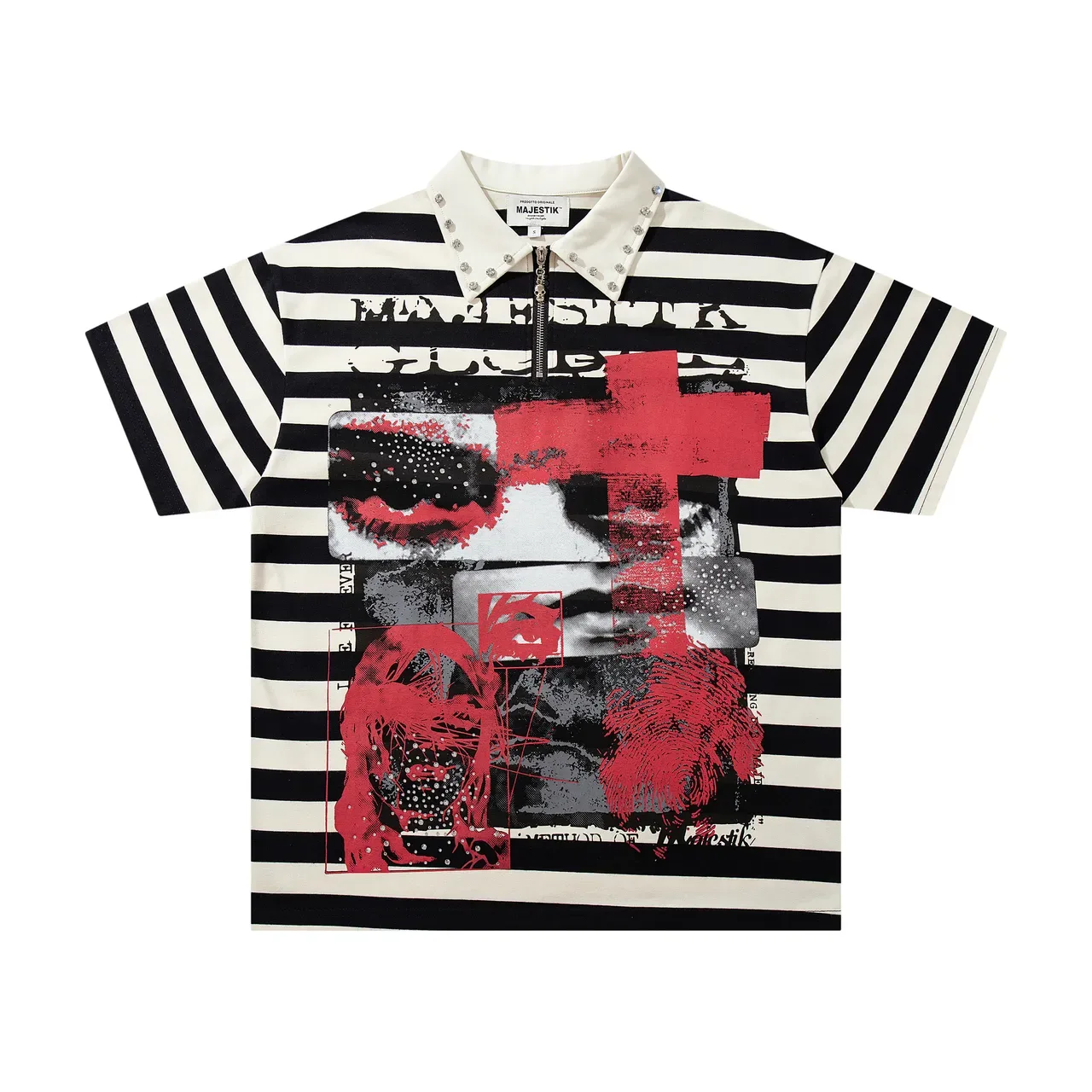MAJESTIK Striped Graphic-Print Studded Collar Zip-Front Polo Shirt 4