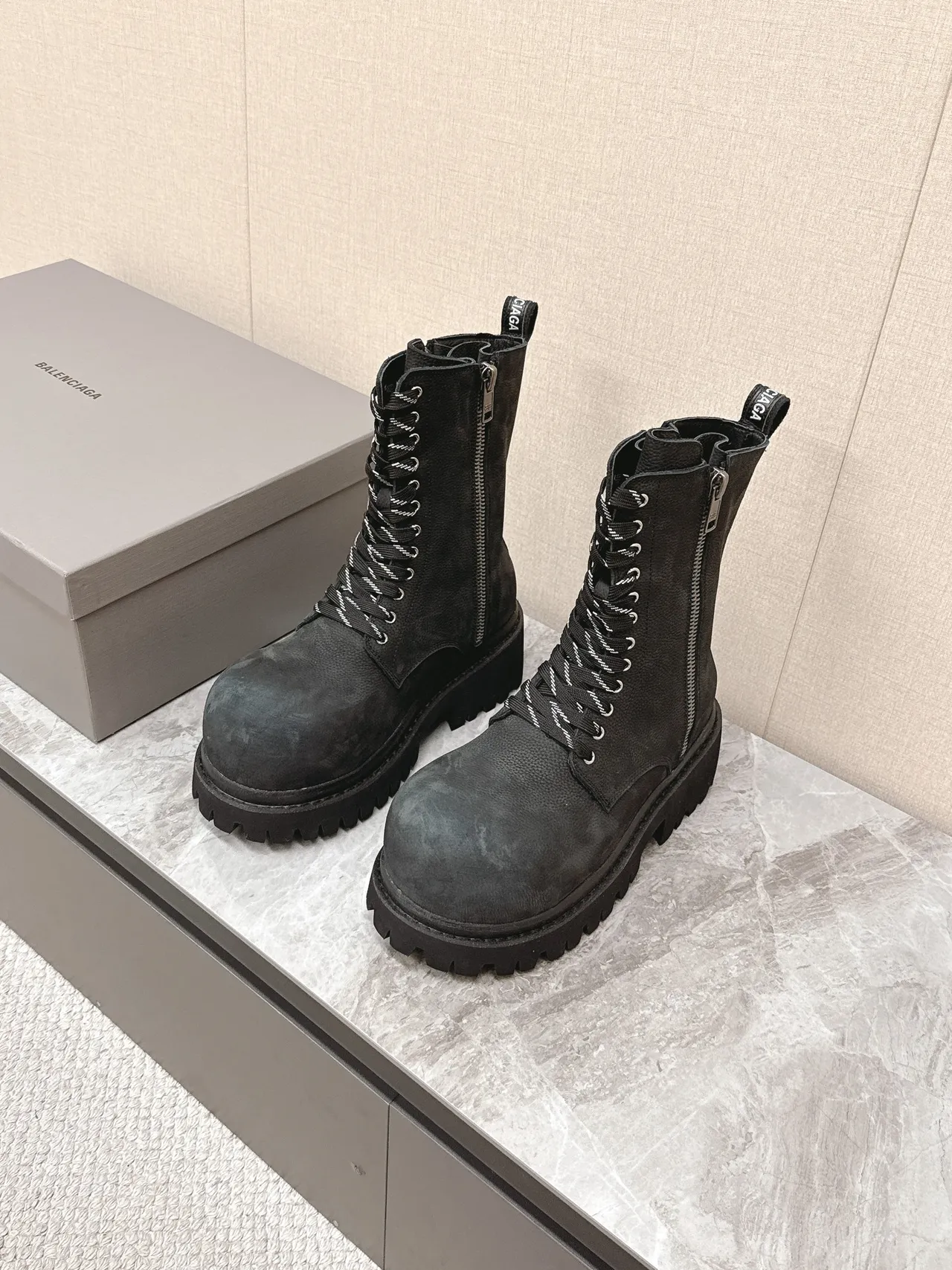 Matte Black Lace-Up Side-Zip Ankle Boots 6