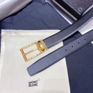 Montblanc Navy Gold Textured Strap Rectangular Buckle Leather Belt