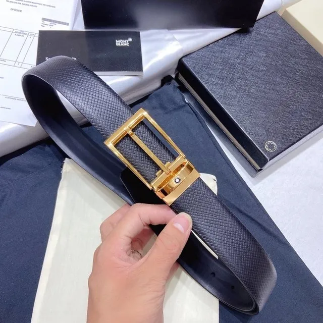 Montblanc Navy Gold Textured Strap Rectangular Buckle Leather Belt 2