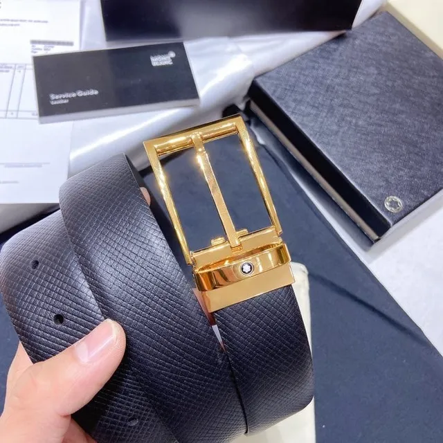 Montblanc Navy Gold Textured Strap Rectangular Buckle Leather Belt 3