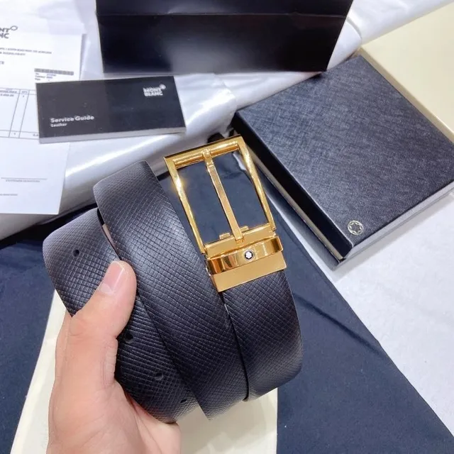 Montblanc Navy Gold Textured Strap Rectangular Buckle Leather Belt 4