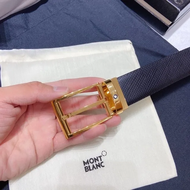 Montblanc Navy Gold Textured Strap Rectangular Buckle Leather Belt 5