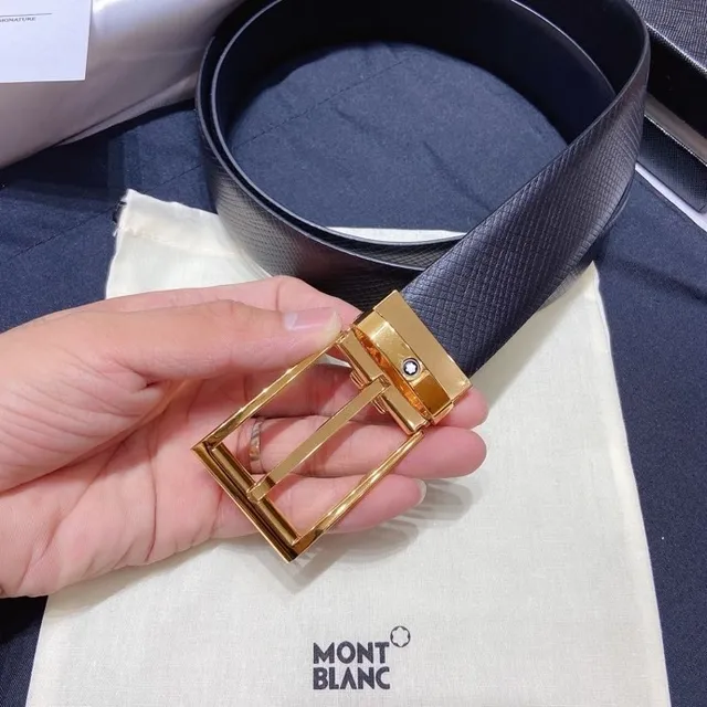 Montblanc Navy Gold Textured Strap Rectangular Buckle Leather Belt 6