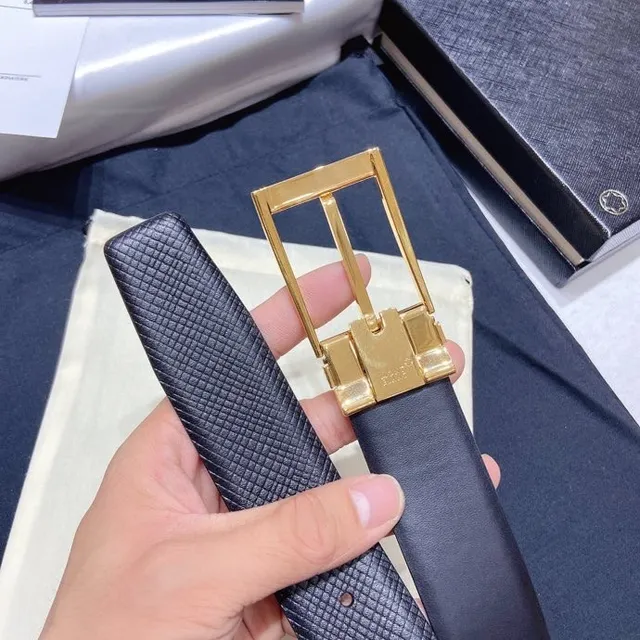 Montblanc Navy Gold Textured Strap Rectangular Buckle Leather Belt 7