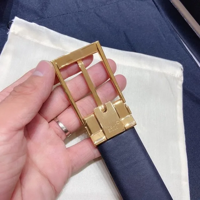 Montblanc Navy Gold Textured Strap Rectangular Buckle Leather Belt 8