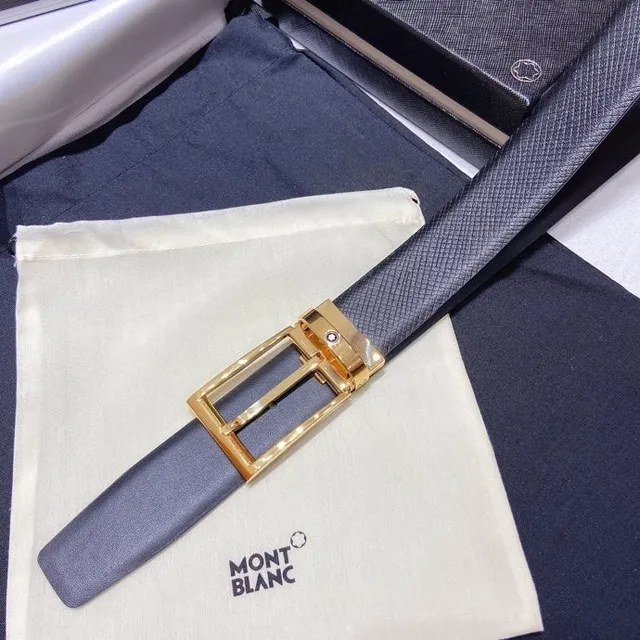 Montblanc Navy Gold Textured Strap Rectangular Buckle Leather Belt 9