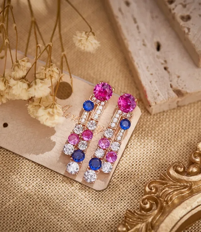 Multicolor Pink Blue White Gemstone Cascade Drop Earrings 2