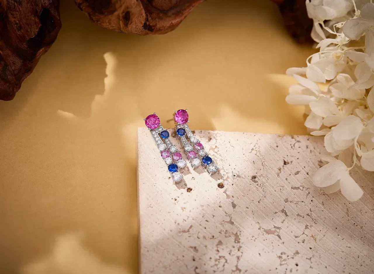 Multicolor Pink Blue White Gemstone Cascade Drop Earrings 3