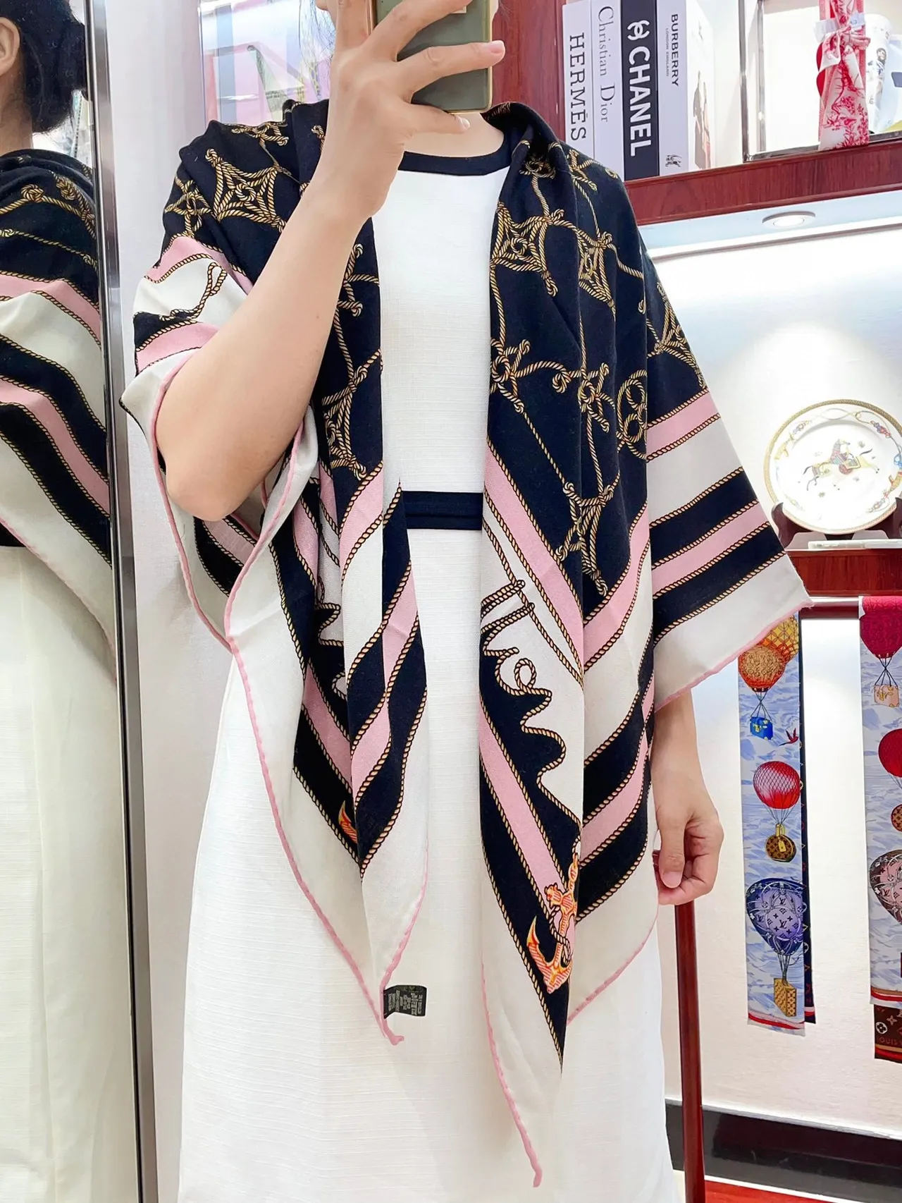 Nautical Anchor Print Black White Pink Silk Scarf 2