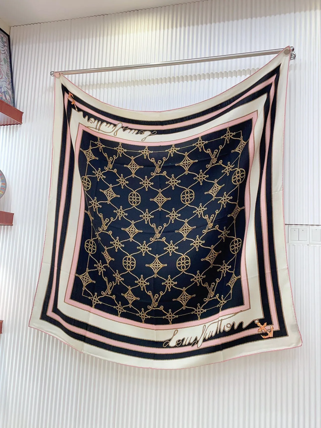 Nautical Anchor Print Black White Pink Silk Scarf 4