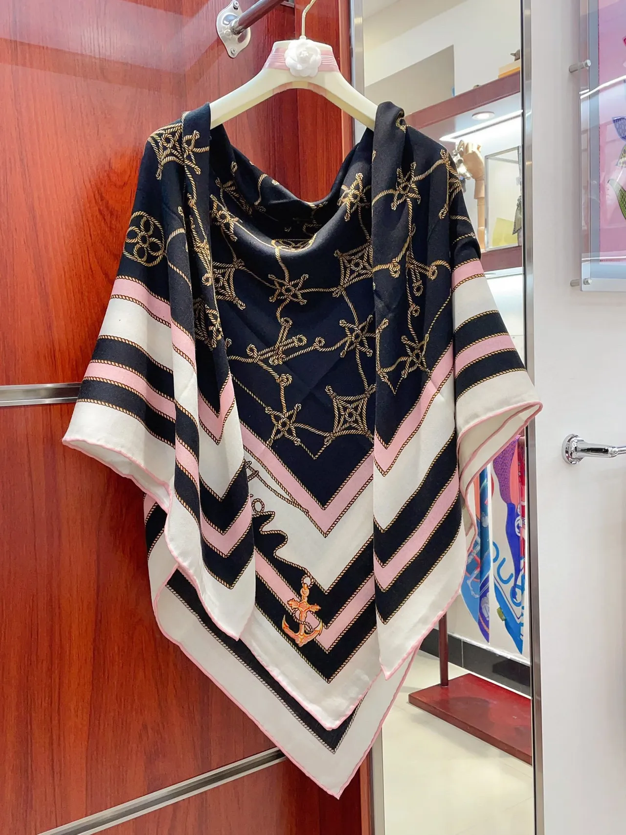 Nautical Anchor Print Black White Pink Silk Scarf 7