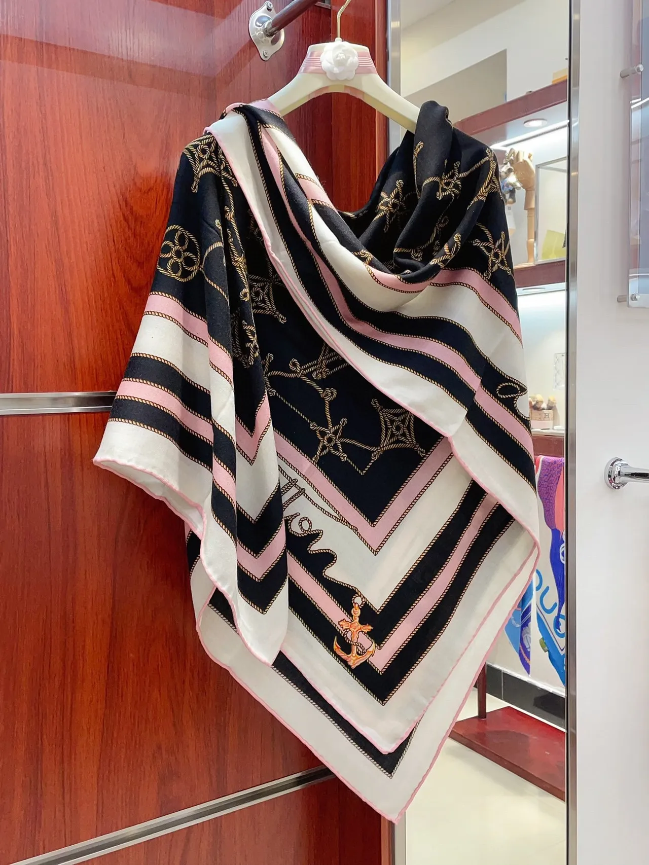Nautical Anchor Print Black White Pink Silk Scarf 8