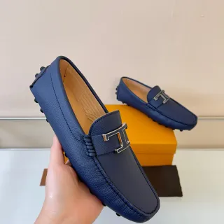 海军蓝 米色 粒面皮革 H型扣带 乐福鞋