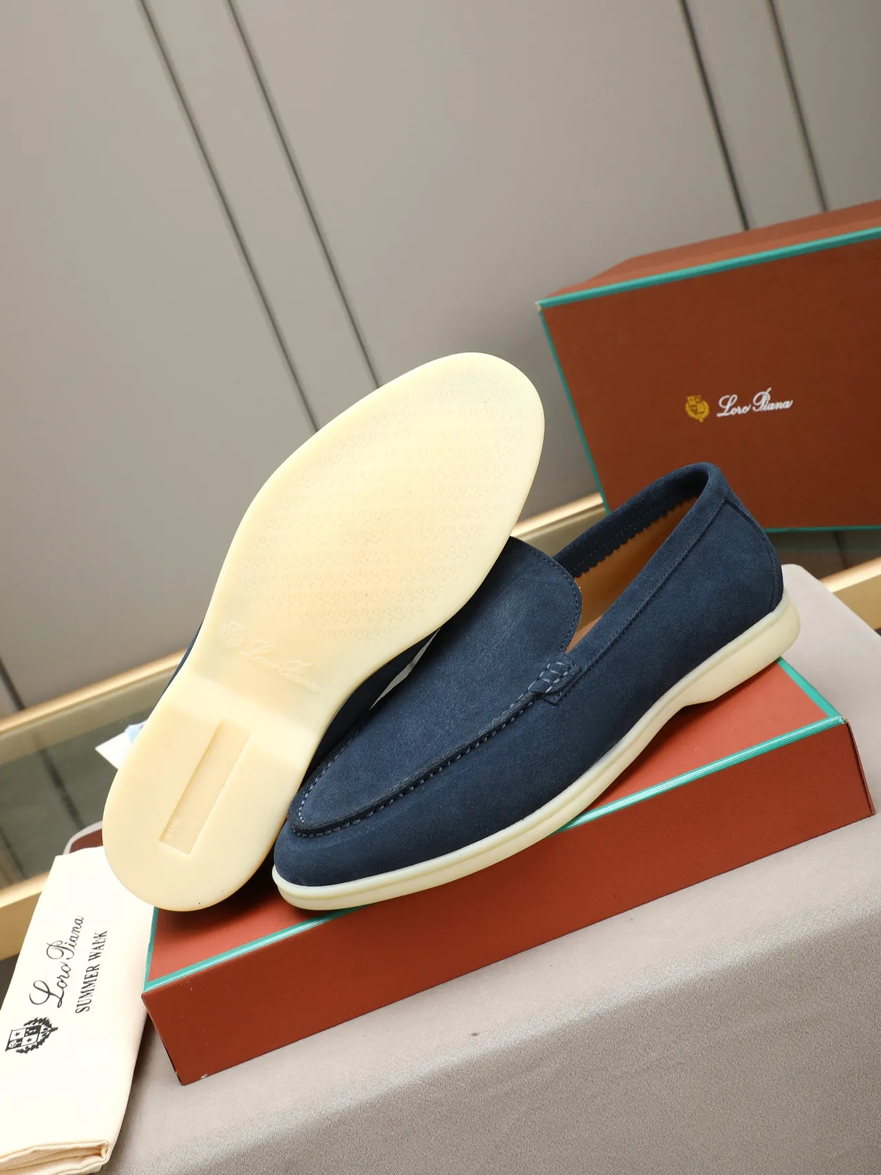 Navy Beige Suede Moccasin-Stitched Vamp Loafer 4