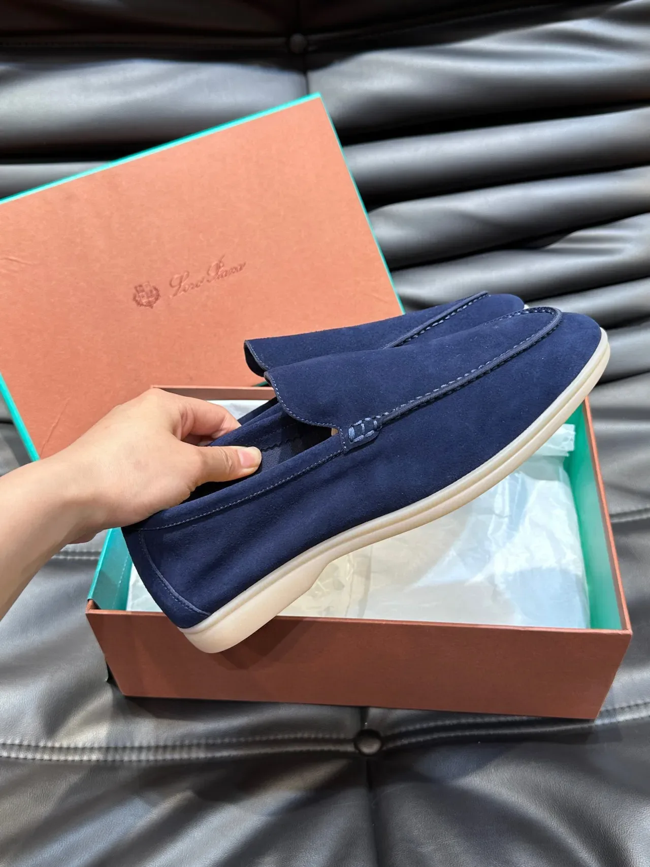 Navy Beige Suede Upper Moccasin-Stitched Vamp Loafer 5