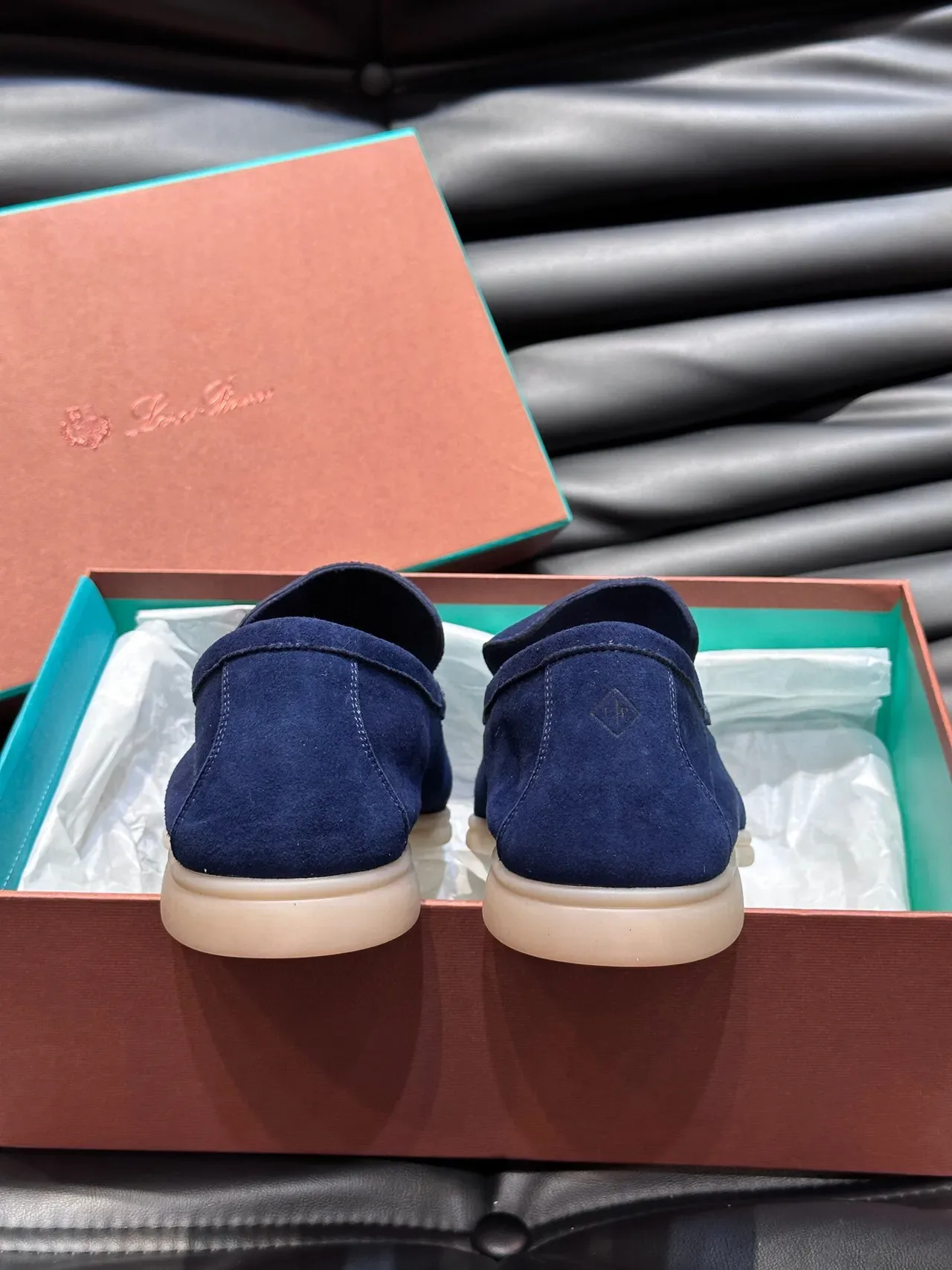 Navy Beige Suede Upper Moccasin-Stitched Vamp Loafer 6