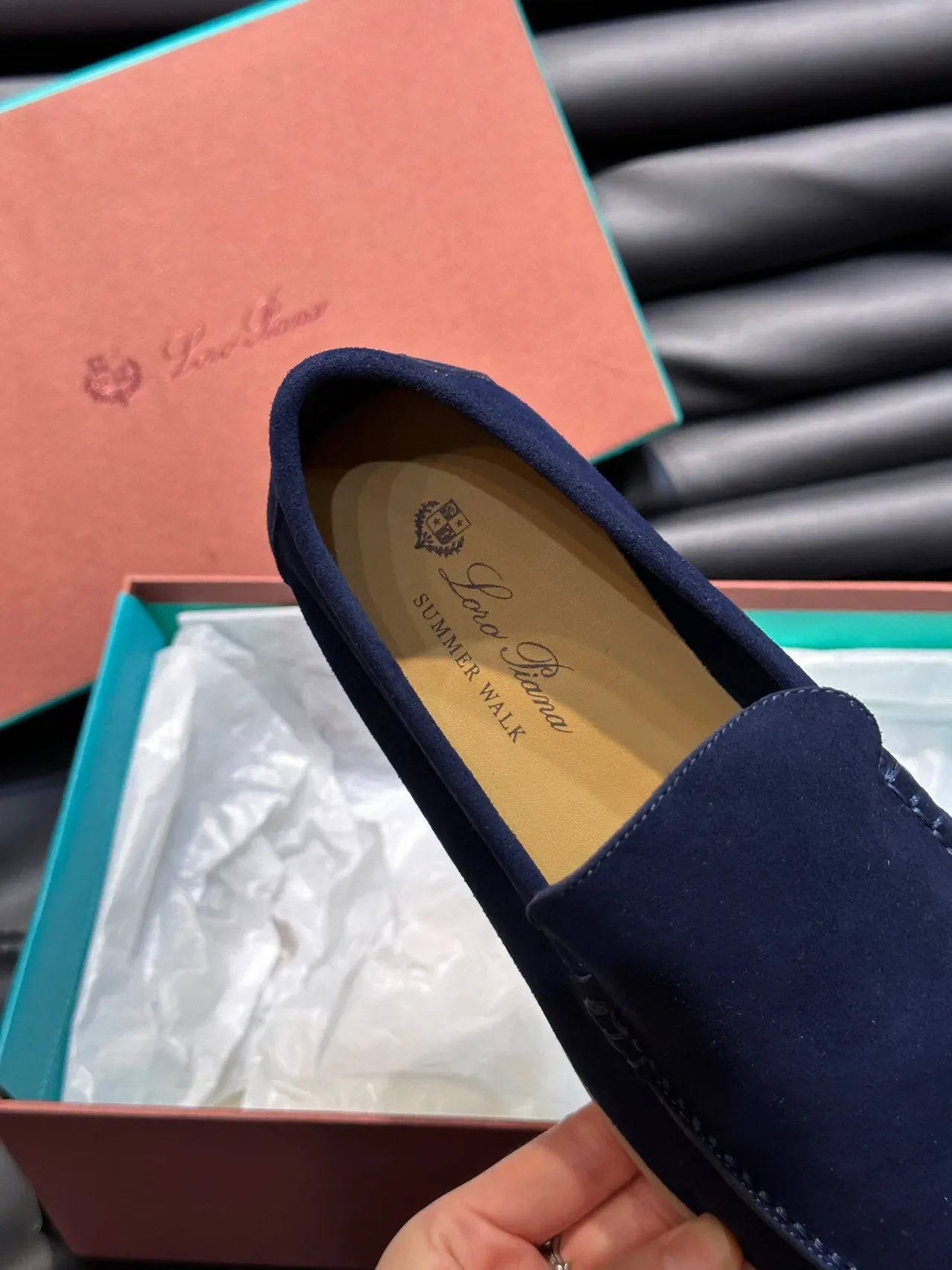 Navy Beige Suede Upper Moccasin-Stitched Vamp Loafer 8