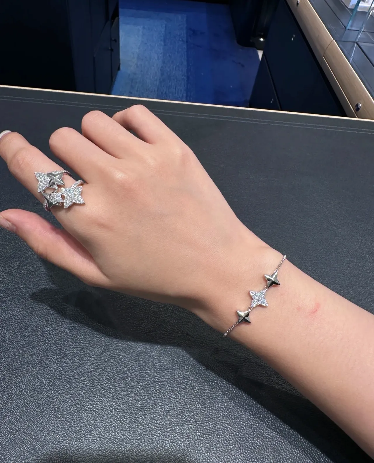 Navy Silver Chain Pavé-Set Star Centerpiece Bracelet 4