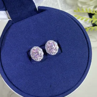 Navy Silver Oval-Cut Center Stone Halo Setting Earrings