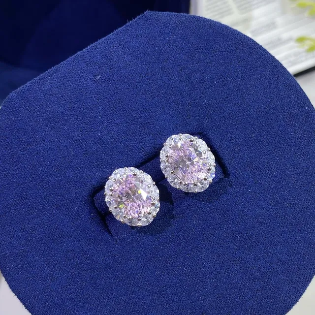 Navy Silver Oval-Cut Center Stone Halo Setting Earrings 3