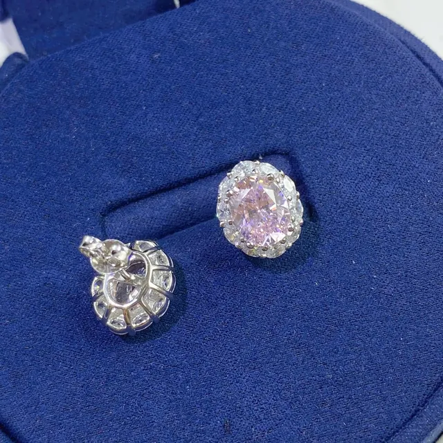 Navy Silver Oval-Cut Center Stone Halo Setting Earrings 4