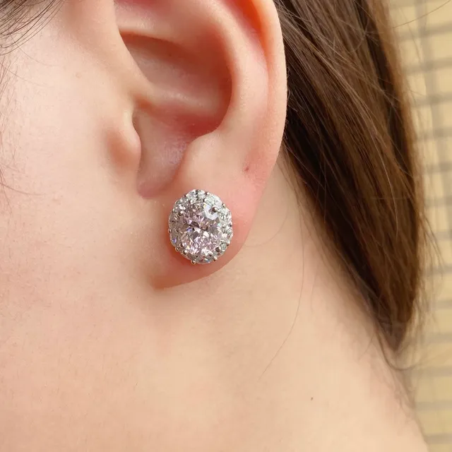 Navy Silver Oval-Cut Center Stone Halo Setting Earrings 6