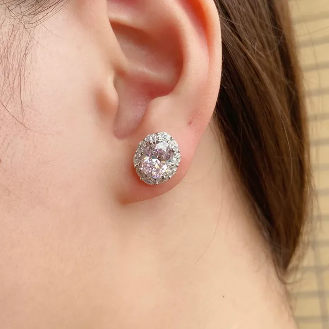 Navy Silver Oval-Cut Center Stone Halo Setting Earrings 7