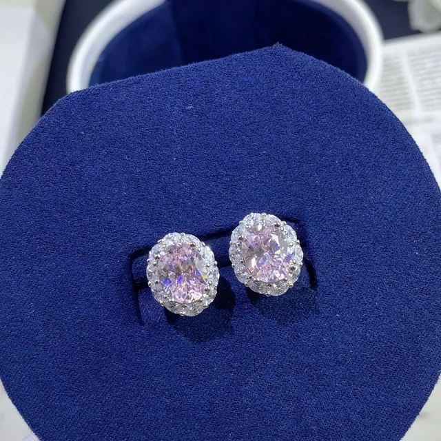 Navy Silver Oval-Cut Center Stone Halo Setting Earrings 9
