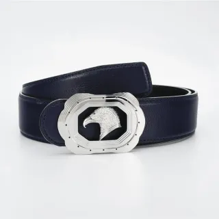 Navy Silver Pebbled Sculpted Eagle Head Buckle Leather Belt