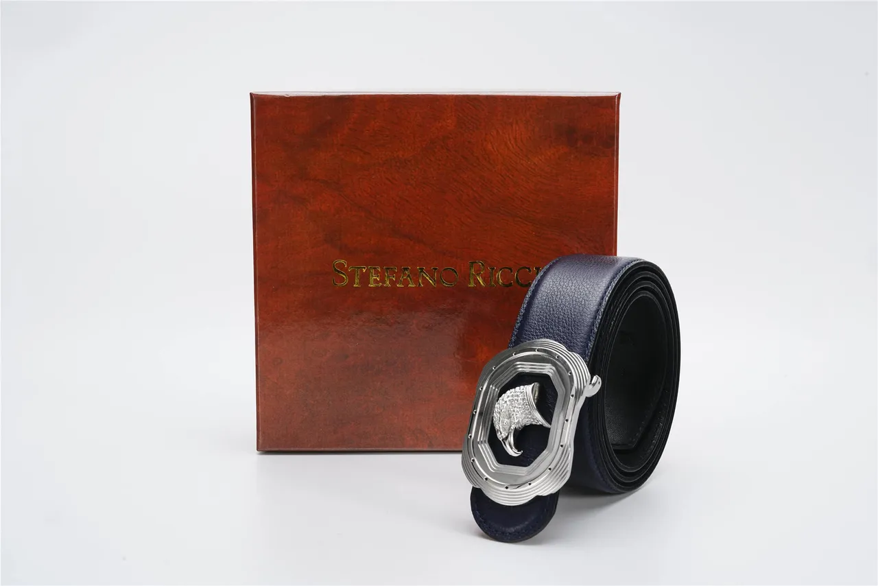 Navy Silver Pebbled Sculpted Eagle Head Buckle Leather Belt 4