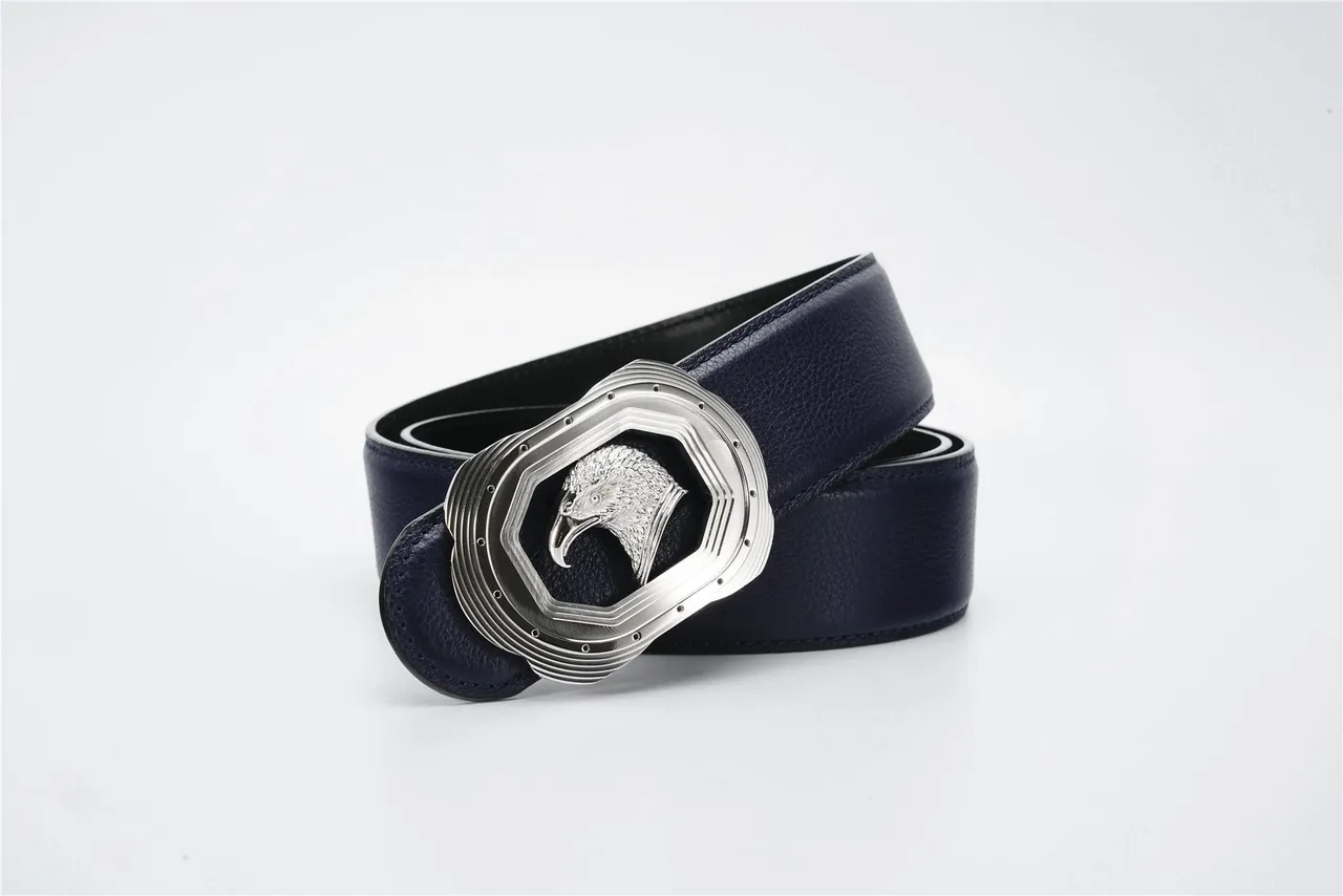 Navy Silver Pebbled Sculpted Eagle Head Buckle Leather Belt 6