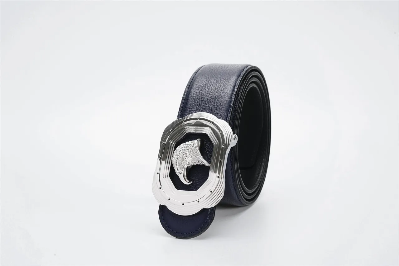 Navy Silver Pebbled Sculpted Eagle Head Buckle Leather Belt 7
