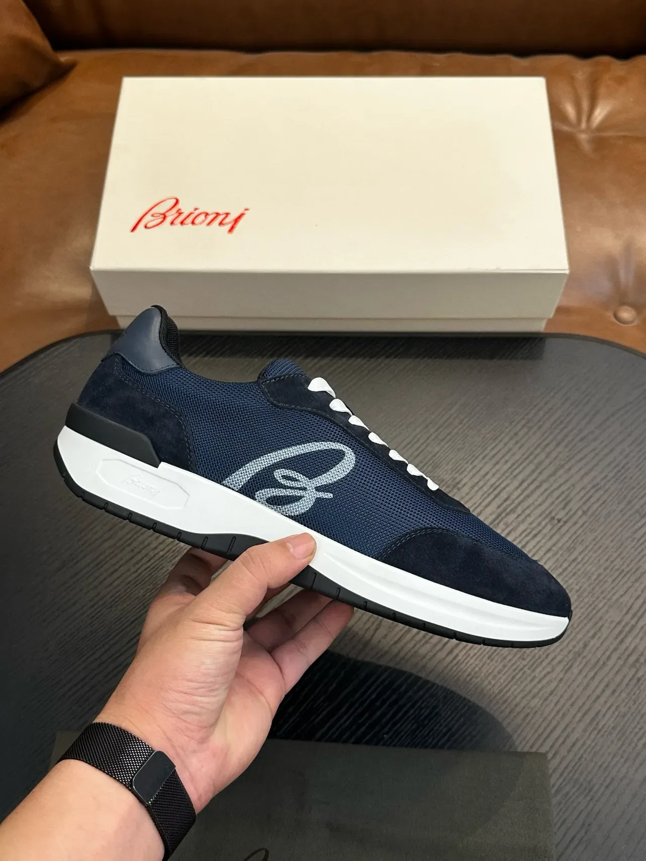 Navy White Mesh-Suede Hybrid Upper Flat Laces Sneakers 2