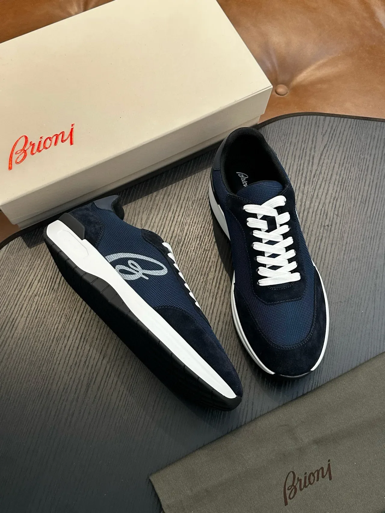 Navy White Mesh-Suede Hybrid Upper Flat Laces Sneakers 5