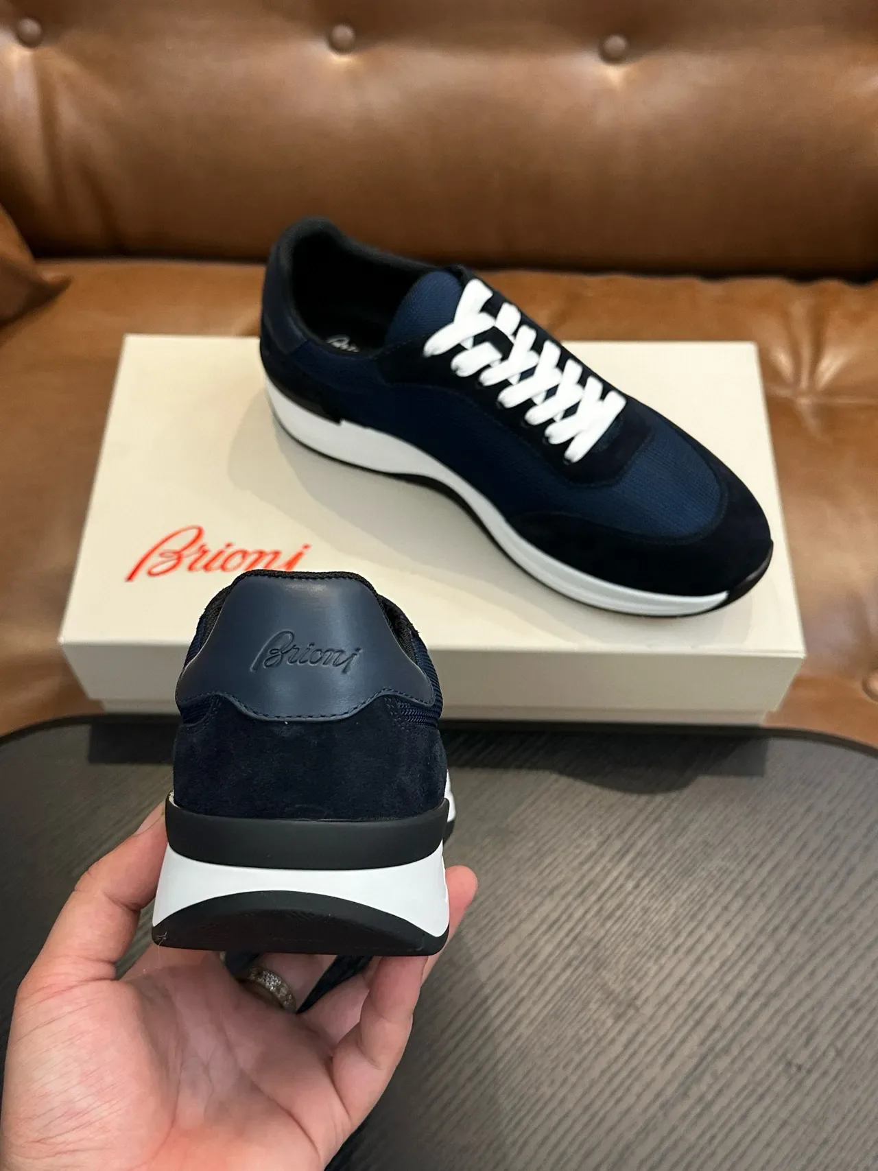 Navy White Mesh-Suede Hybrid Upper Flat Laces Sneakers 9